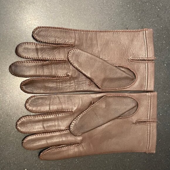 SLEEK BROWN LEATHER VINTAGE GLOVES SIZE 7 2/3 IN SIZE LARGE LOVELY SOFT LINING - Picture 4 of 6